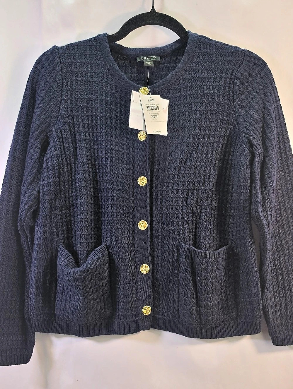 J Jill Wearever Collection Knit Boxy Cardigan in Navy Blue Size XSP NWT